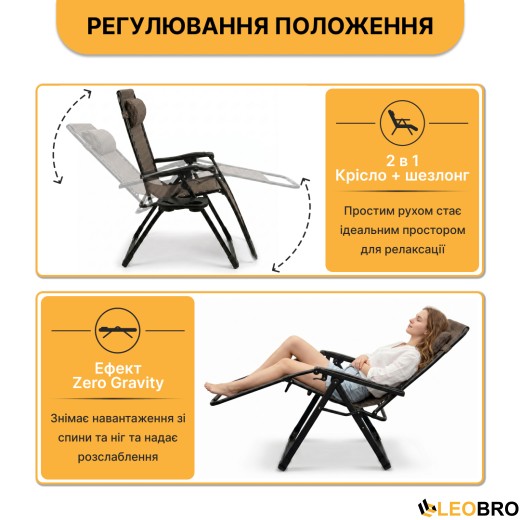 Розкладне крісло шезлонг LEOBRO Zero Gravity Premium Plaid (LB-ZGC-G2-PLD) - 6