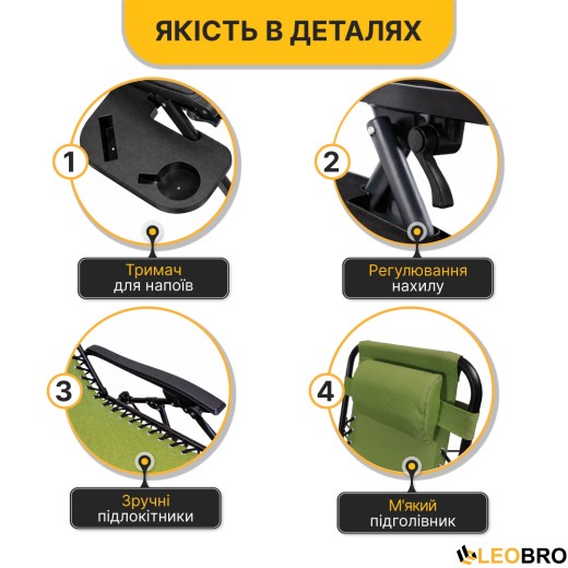 Розкладне крісло шезлонг LEOBRO Zero Gravity Pistachio (LB-ZGC-F1-PST) - 4