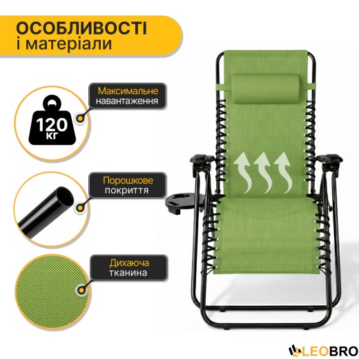 Розкладне крісло шезлонг LEOBRO Zero Gravity Pistachio (LB-ZGC-F1-PST) - 5