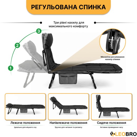 Розкладне ліжко (розкладачка) з вбудованим матрацом LEOBRO Black (LB-FB-M1-BLK) - 3