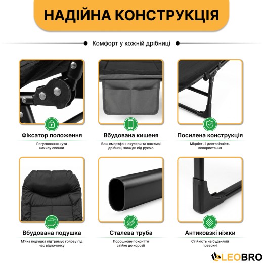 Розкладне ліжко (розкладачка) з вбудованим матрацом LEOBRO Black (LB-FB-M1-BLK) - 6