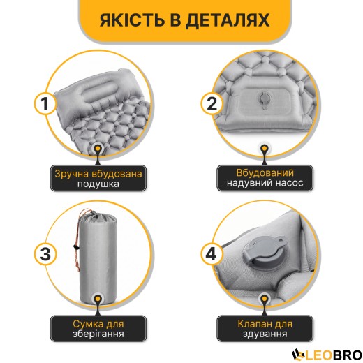 Надувний похідний килимок матрац LEOBRO Air Mat 190 x 60 см Grey (LB-1094) - 4