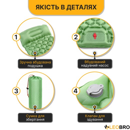 Надувний похідний килимок матрац LEOBRO Air Mat 190 x 60 см Green (LB-1095) - 4