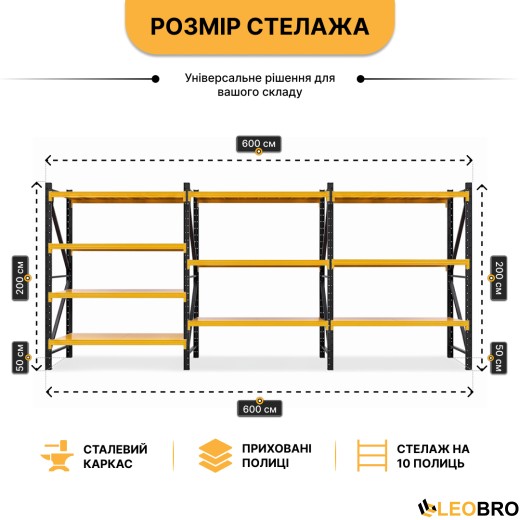 Набор из двух стеллажей LEOBRO Premium 200 х 200 х 50 см, 175кг/полка, 5 полок (LB-R132Х2) - 10